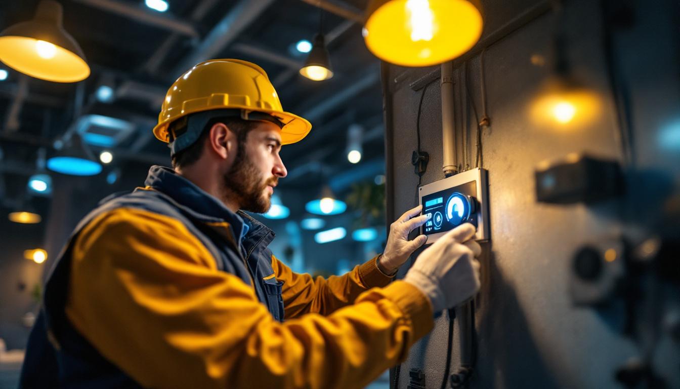 A photograph of a lighting contractor adjusting a fan speed control panel while surrounded by various lighting fixtures