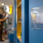 A photograph of a lighting contractor installing a stylish fan wall switch in a modern home setting