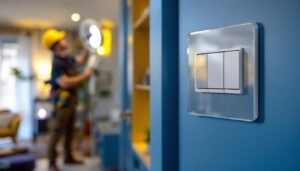 A photograph of a lighting contractor installing a stylish fan wall switch in a modern home setting