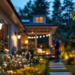A photograph of a lighting contractor installing solar coach lights in a beautifully landscaped outdoor setting