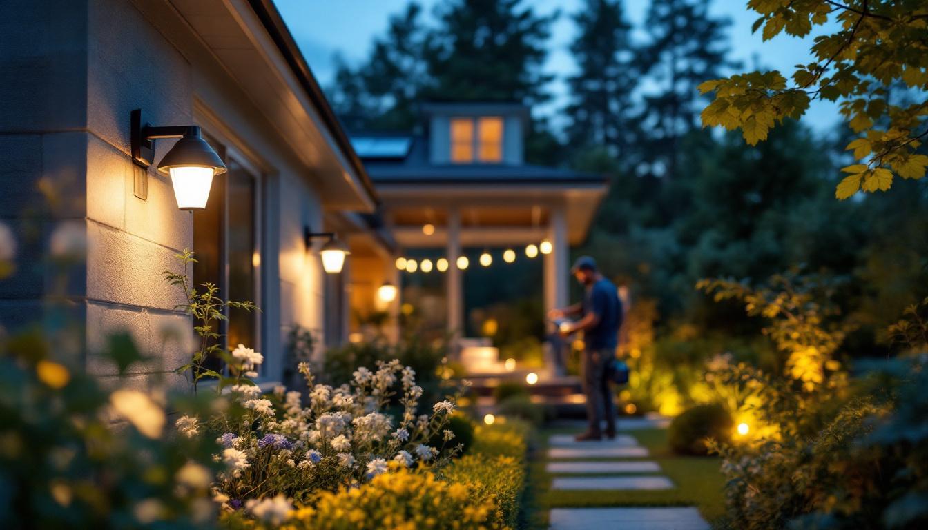 A photograph of a lighting contractor installing solar coach lights in a beautifully landscaped outdoor setting