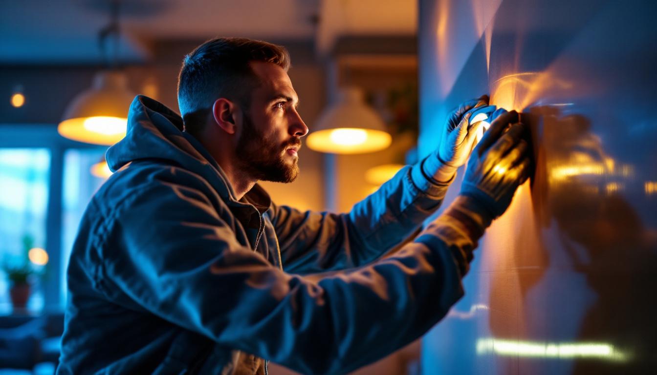 A photograph of a skilled lighting contractor expertly installing tape led lights in a stylish interior setting