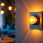 A photograph of a stylish living room or dining area featuring a modern dimmer switch in action