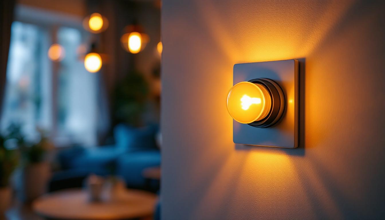 A photograph of a stylish living room or dining area featuring a modern dimmer switch in action
