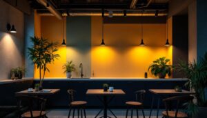 A photograph of capture a photograph of a well-lit interior space showcasing various rab lighting fixtures in use