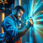 A photograph of a lighting contractor installing vibrant led strip lights in a modern interior setting