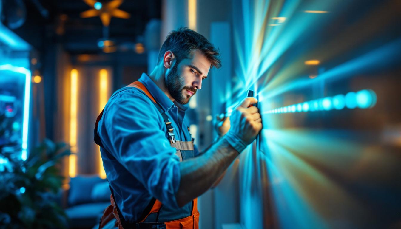 A photograph of a lighting contractor installing vibrant led strip lights in a modern interior setting