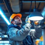 A photograph of a lighting contractor expertly installing or adjusting a modern led lighting system in a commercial or residential setting