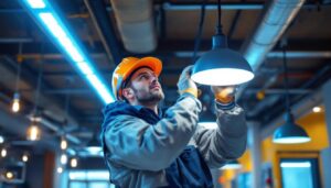 A photograph of a lighting contractor expertly installing or adjusting a modern led lighting system in a commercial or residential setting