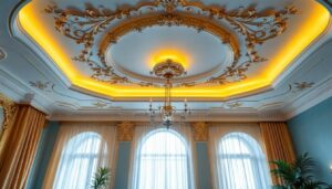 A photograph of a beautifully designed artistic ceiling in a well-lit space