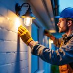 A photograph of a lighting contractor skillfully replacing an outdoor light fixture