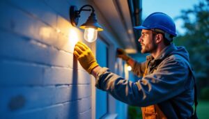 A photograph of a lighting contractor skillfully replacing an outdoor light fixture