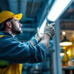 A photograph of a lighting contractor efficiently installing 4ft fluorescent light bulbs in a commercial space