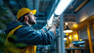 A photograph of a lighting contractor efficiently installing 4ft fluorescent light bulbs in a commercial space