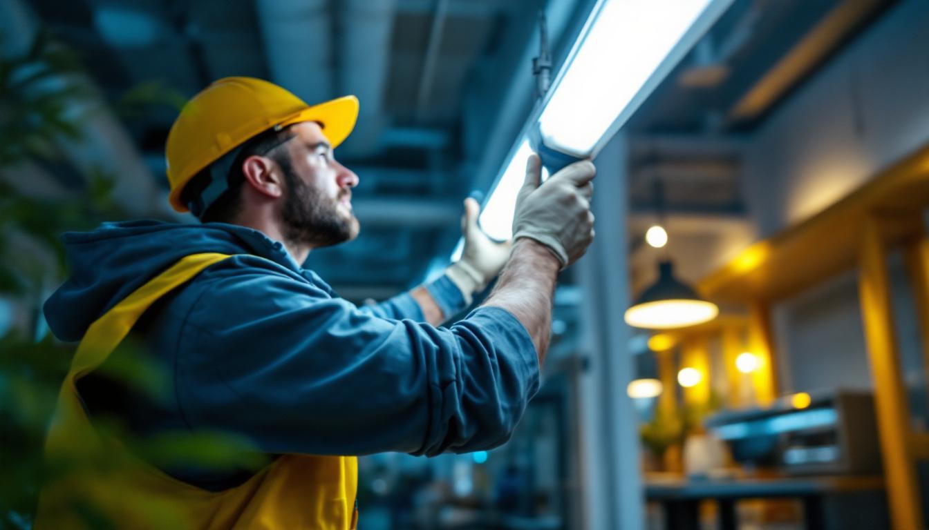 A photograph of a lighting contractor efficiently installing 4ft fluorescent light bulbs in a commercial space