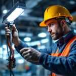 A photograph of a lighting contractor expertly installing a keystone technologies ballast in a commercial setting
