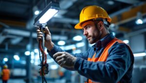 A photograph of a lighting contractor expertly installing a keystone technologies ballast in a commercial setting