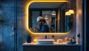 A photograph of a well-designed vanity fixture in a stylish bathroom setting