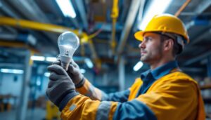 A photograph of a lighting contractor expertly replacing traditional fluorescent bulbs with led ballast bypass bulbs in a commercial setting