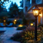 A photograph of a beautifully illuminated patio featuring an elegant post light