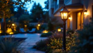 A photograph of a beautifully illuminated patio featuring an elegant post light