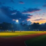 A photograph of a well-lit sports field at dusk
