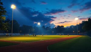 A photograph of a well-lit sports field at dusk