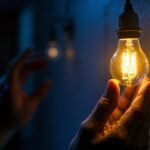 A photograph of a close-up of a flickering light bulb in a dimly lit environment