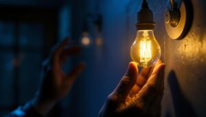 A photograph of a close-up of a flickering light bulb in a dimly lit environment