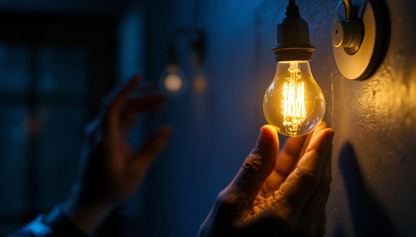 A photograph of a close-up of a flickering light bulb in a dimly lit environment