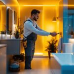 A photograph of a modern bathroom featuring stylish led lighting