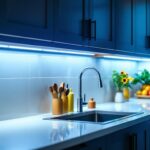 A photograph of a beautifully illuminated kitchen featuring hardwired under cabinet led lighting that highlights the countertops and creates a warm
