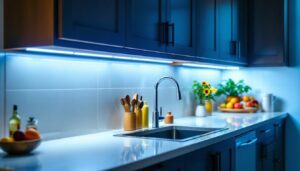 A photograph of a beautifully illuminated kitchen featuring hardwired under cabinet led lighting that highlights the countertops and creates a warm