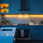 A photograph of capture a photograph of a beautifully designed kitchen featuring under cabinet led puck lights illuminating the workspace