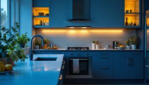 A photograph of capture a photograph of a beautifully designed kitchen featuring under cabinet led puck lights illuminating the workspace