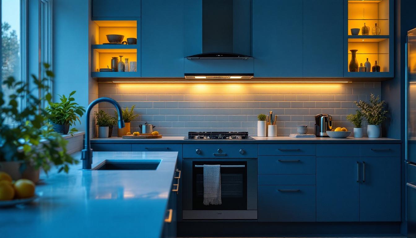 A photograph of capture a photograph of a beautifully designed kitchen featuring under cabinet led puck lights illuminating the workspace