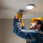 A photograph of capture a photograph of a lighting contractor skillfully installing recessed light clips in a modern ceiling