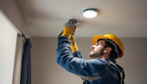 A photograph of capture a photograph of a lighting contractor skillfully installing recessed light clips in a modern ceiling