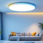 A photograph of a modern retractable ceiling light in a stylish interior setting