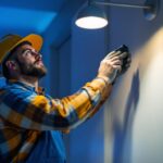 A photograph of a lighting contractor in action