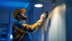 A photograph of a lighting contractor in action