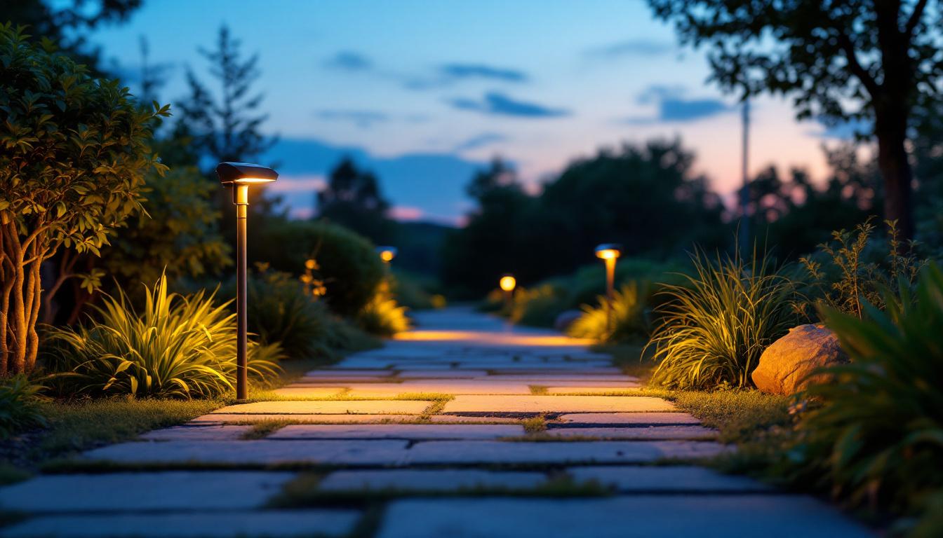 A photograph of a well-lit outdoor scene featuring solar dusk to dawn lights illuminating a pathway or garden