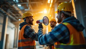 A photograph of a lighting contractor in action