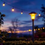 A photograph of a beautifully illuminated outdoor space featuring dusk to dawn solar lights