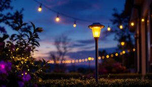 A photograph of a beautifully illuminated outdoor space featuring dusk to dawn solar lights