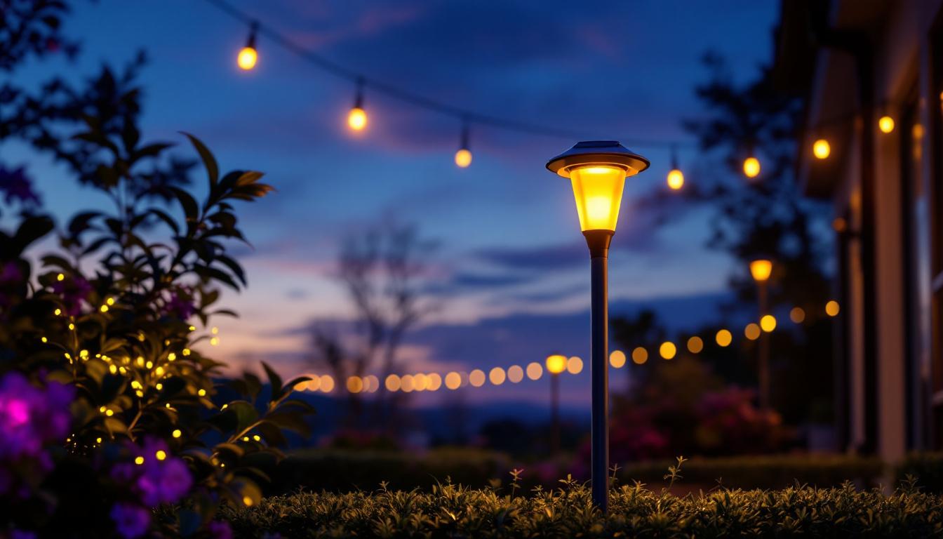 A photograph of a beautifully illuminated outdoor space featuring dusk to dawn solar lights