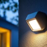 A photograph of a small motion detector light installed in a residential setting
