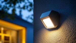A photograph of a small motion detector light installed in a residential setting