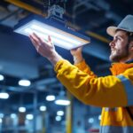 A photograph of a lighting contractor skillfully installing a canopy led light in a commercial setting