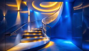 A photograph of a beautifully designed staircase featuring stylish ceiling lighting fixtures that illuminate the space